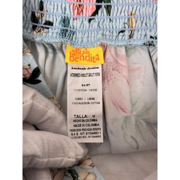 Agua Bendita Skirt Medium Womens Violet Smocked Blue Floral Mini - Picture 6 of 6